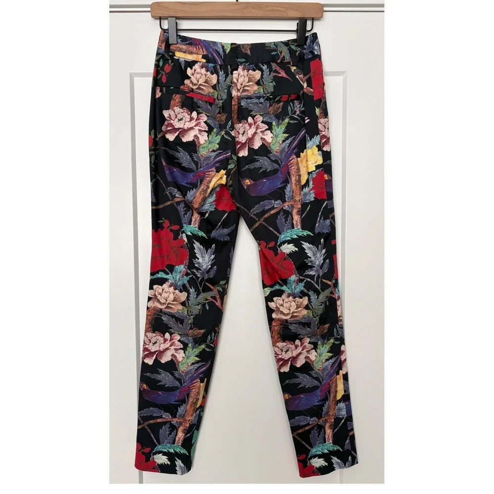 Alice + Olivia Floral Whimsigoth Bird Print Trousers Slim Leg  Black  Size 6